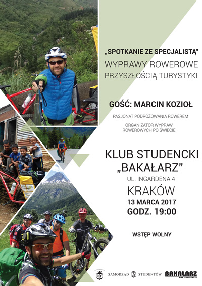 Plakat informujący o spotkaniu z Marcinem Koziołem „Wyprawy rowerowe przyszłością turystyki”, 13 marca 2017