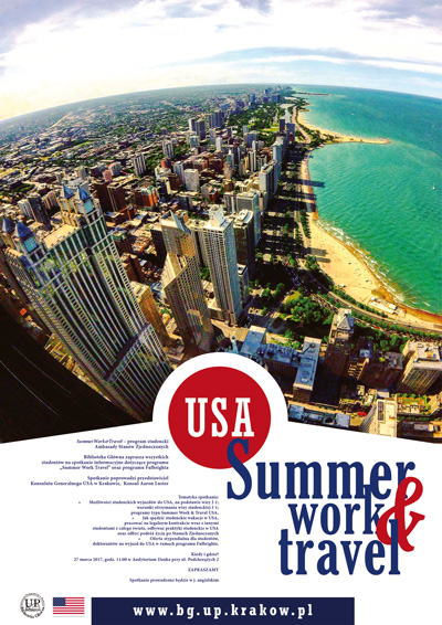Plakat o spotkaniu informacyjnym dotyczącym programu „Summer Work &Travel” oraz programu Fulbrighta, 27 marca 2017