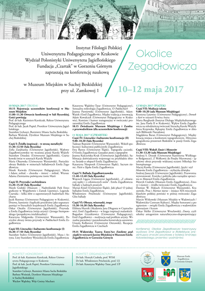Plakat informujący o konferencji naukowej „Okolice Zegadłowicza”, 10-12 maja 2017 r.