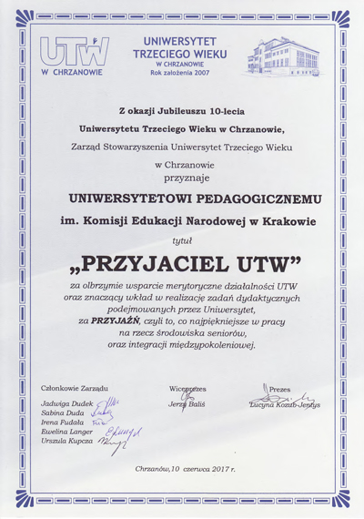 Dyplom dla Uniwersytetu Pedagogicznego „Przyjaciel UTW”