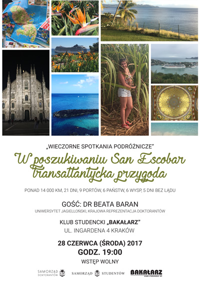 Plakat informujący o spotkaniu z dr Beatą Baran pt. „W poszukiwaniu San Escobar – transatlantycka przygoda”, 28 czerwca 2017