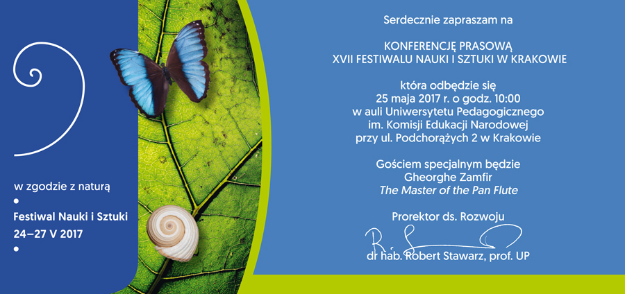 Zaproszenie na konferencję prasową XVII Festiwalu Nauki i Sztuki w Krakowie, 25 maja 2017 r.