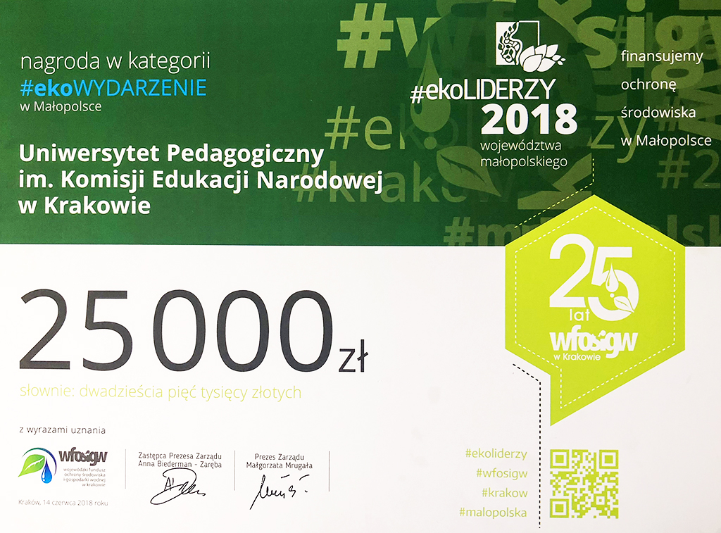 Uniwersytet Pedagogiczny uhonorowany nagrodą w Konkursie „#ekoLIDERZY2018 województwa małopolskiego” (dyplom)