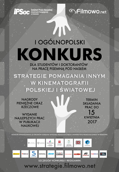 Plakat informujący o konkursie „Strategie pomagania innym w kinematografii polskiej i światowej”