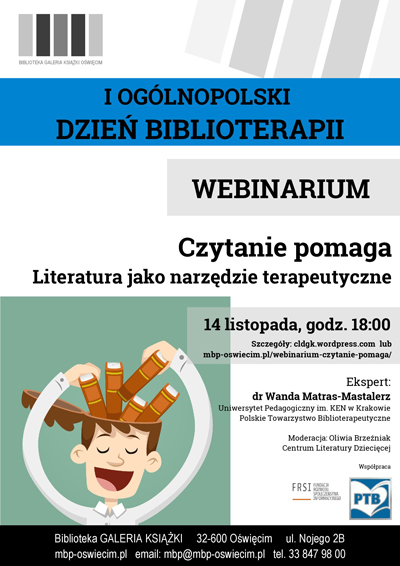 Plakat informujący o webinarium „Czytanie pomaga. Literatura jako narzędzie terapeutyczne”
