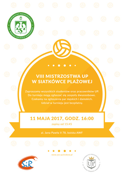 Plakat informujący o VIII Mistrzostwach UP w Siatkówce Plażowej, 11 maja 2017 r.