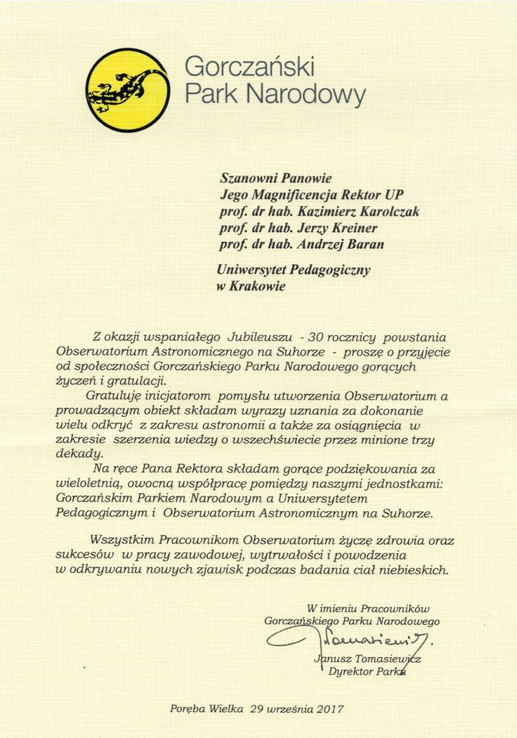 List gratulacyjny od Dyrektora Gorczańskiego Parku Narodowego Janusza Tomasiewicza z okazji jubileuszu 30-lecia Obserwatorium astronomicznego na Suhorze