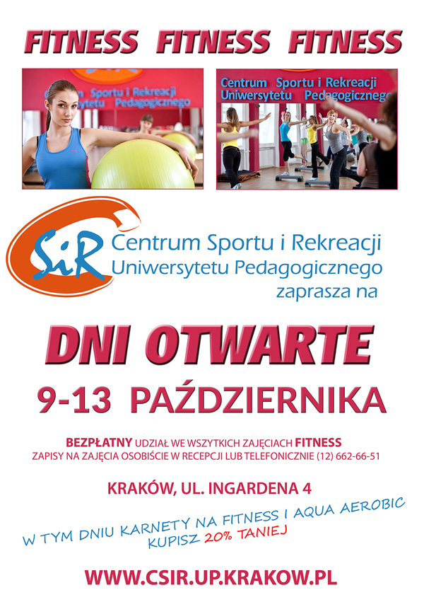 Plakat informujący o dniach otwartych Centrum Sportu i Rekreacji UP, 9-13 października 2017