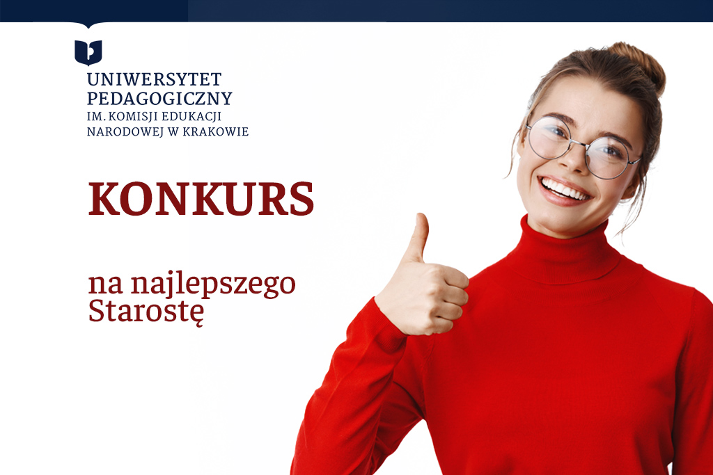 uśmiechnięta blondynka w czerwonym golfie z podniesionym w górę kciukiem, napis Konkurs na najlepszego starostę oraz logo Uniwersytetu Pedagogicznego w Krakowie