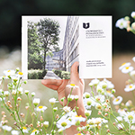 dłoń trzymająca Informator dla kandydatów na studia pierwszego stopnia i jednolite magisterskie 2024/2025, na pierwszym planie białe kwiaty 