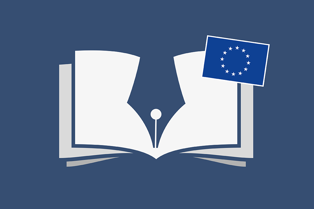 otwarta książka, pióro, flaga UE